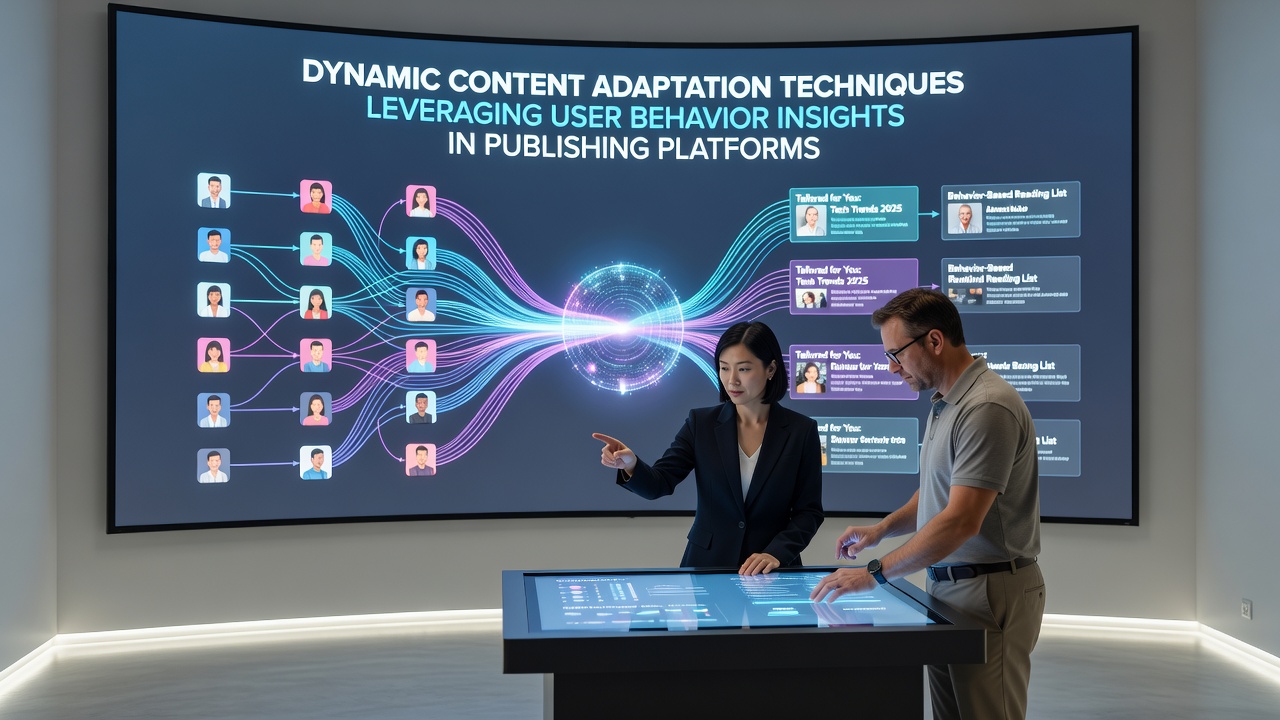 Screenshot-style image of a publishing dashboard displaying real-time user behavior metrics and content adaptation rules